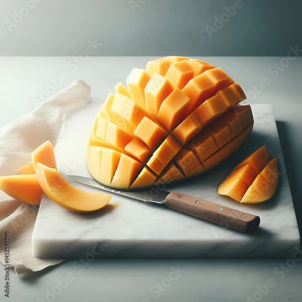 Fototapeta Ripe Mango Half and Slices on Marble Surface with Natural Light