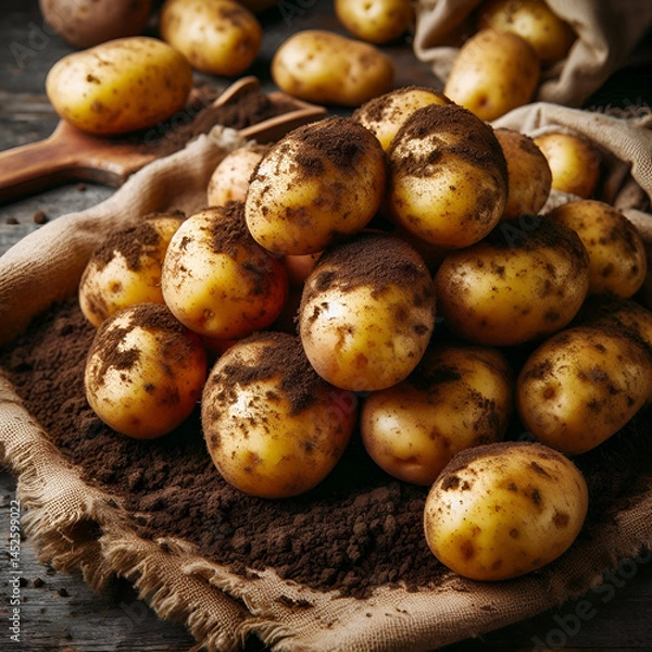 Fototapeta Fresh Potatoes with Soil on Rustic Surface, Farm-to-Table Style