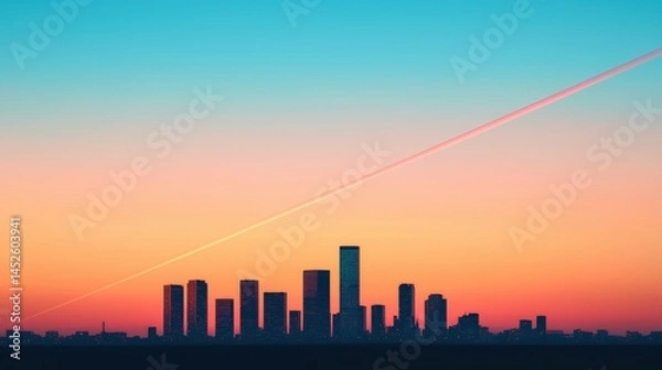Obraz Serene Skyline at Dusk with Vibrant Sunset and Contrail Lines