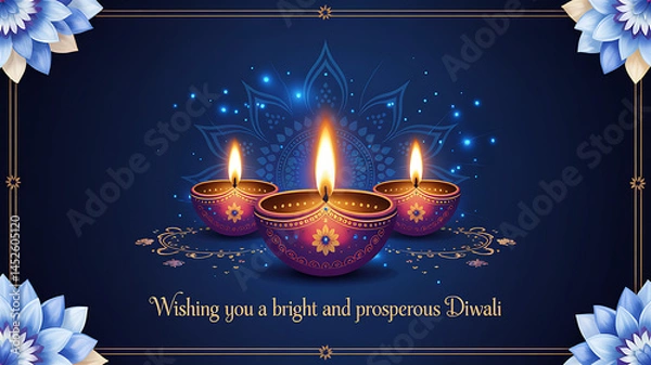 Obraz Diwali Festival Banner Featuring Glowing Traditional Diyas on Deep Blue Background Sparkling Gold Blue Light Particles Perfect for Festive Greetings Digital Invitations and Holiday Promotional Designs