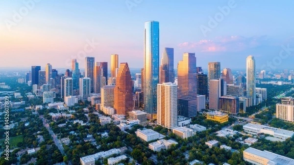 Fototapeta Aerial View of Houston Skyline at Sunset with Vibrant Colors