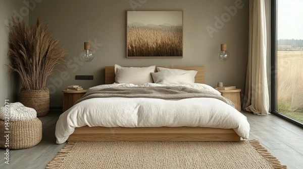 Fototapeta Serene bedroom interior featuring natural textures and a calming neutral palette