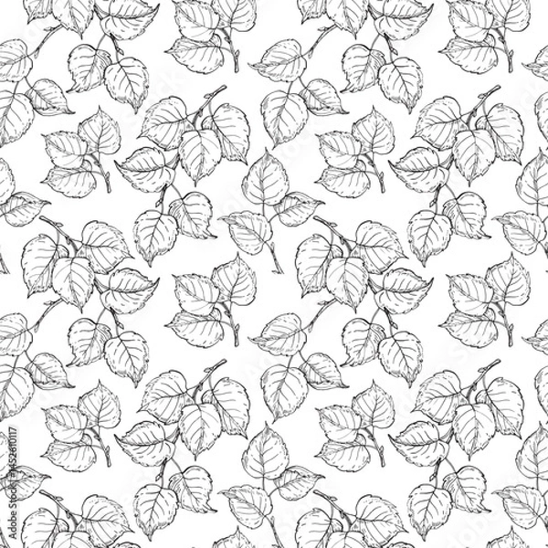 Fototapeta Tree branch with leaves seamless pattern hand drawn with ink.. Vector black and white template .Hazelnut leaves ornament.