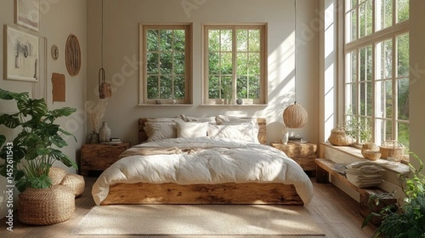 Obraz Sun-Kissed Tranquility: A Serene Bedroom Retreat with Rustic Elements and Verdant Views