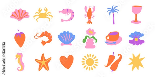 Fototapeta Vector simple minimal illustrations in bright bold colors, simple wavy and groovy doodle naive style, simple hand drawn design templates, summer vacation and travel