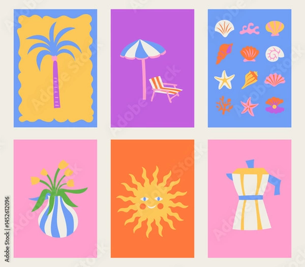 Fototapeta Vector simple minimal illustrations in bright bold colors, simple wavy and groovy doodle naive style, simple hand drawn design templates, summer vacation and travel