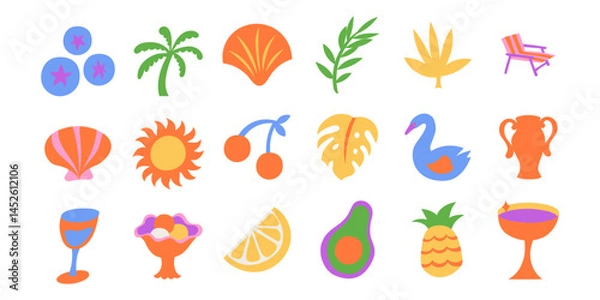 Fototapeta Vector simple minimal illustrations in bright bold colors, simple wavy and groovy doodle naive style, simple hand drawn design templates, summer vacation and travel