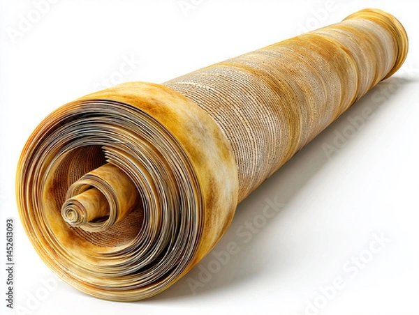 Fototapeta Torah scroll partially unrolled, realistic texture, isolated on white background