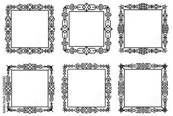 Fototapeta Set of Decorative Ornamental Borders With Intricate Designs. Abstract square ethnic, art deco frame designs. 