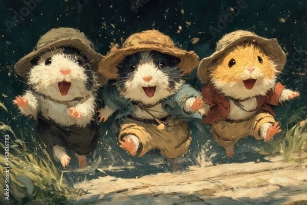 Obraz Playful rodents in straw hats frolic in a sunlit puddle.