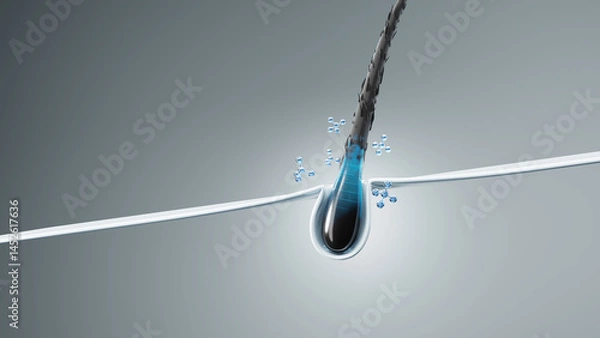 Fototapeta High-end 3D render of a hair follicle infused with active molecules and hydration, showcasing precision scalp care and advanced hair restoration technology.