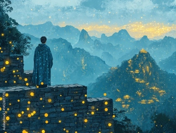 Obraz A person gazes at a mystical mountain valley at twilight.