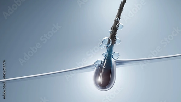 Fototapeta Futuristic 3D render of a single glossy hair strand wrapped with active serum bubbles, symbolizing advanced haircare treatment.

