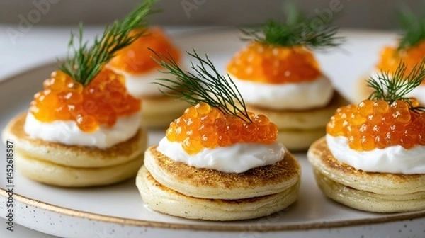 Fototapeta Gourmet Pancakes with Cream and Salmon Roe Garnish for Breakfast