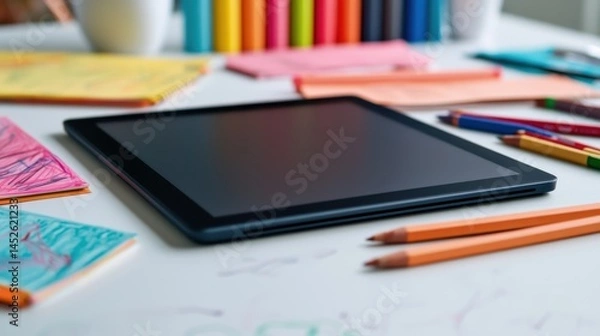 Obraz Creative Workspace with Tablet and Colorful Stationery Supplies