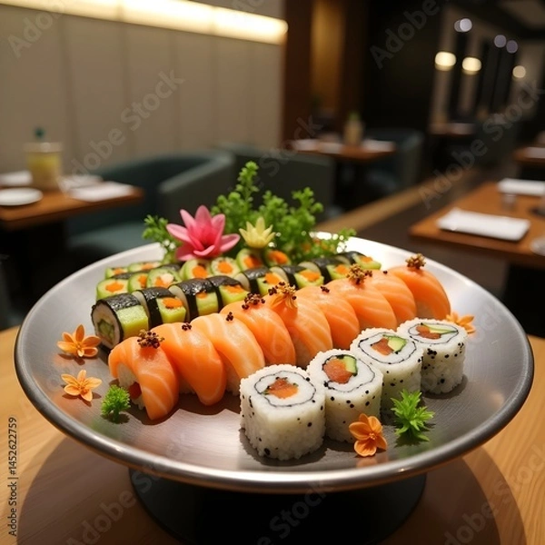 Obraz Sushi rolls prepared with fresh ingredients on a sleek serving platter at a modern Japanese restaurant