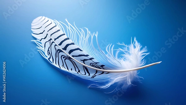 Obraz A delicate white feather with intricate black patterns and wispy edges lies serene on a vibrant blue background 