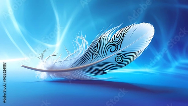 Obraz A delicate white feather with intricate black patterns and wispy edges lies serene on a vibrant blue background 
