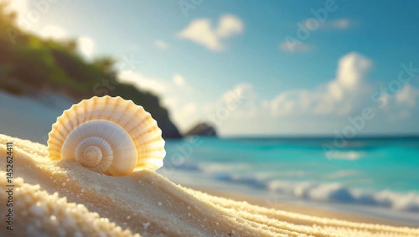 Obraz  Beautiful summer background with seashell on the sandy beach and blue sea, sunny day. Vacation concept, sea shell on the beach