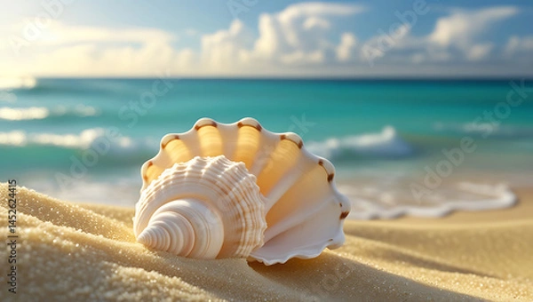 Obraz  Beautiful summer background with seashell on the sandy beach and blue sea, sunny day. Vacation concept, sea shell on the beach