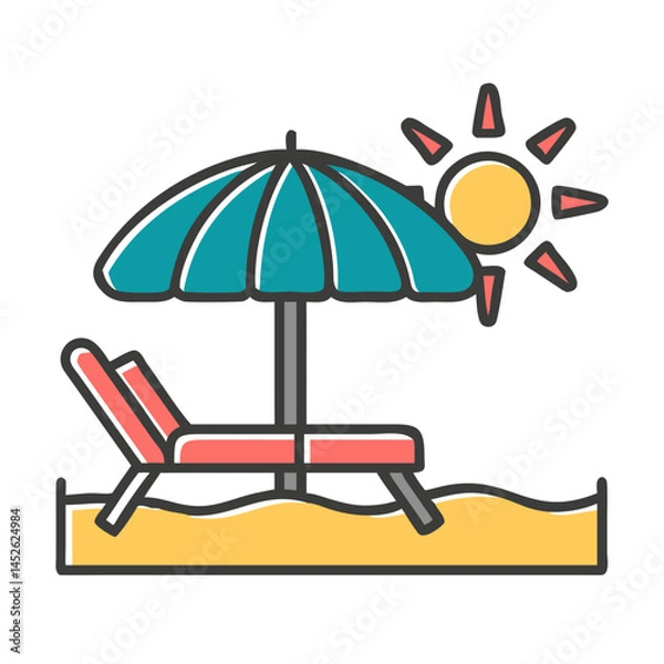 Fototapeta Beach umbrella and lounge chair in a sunny setting  