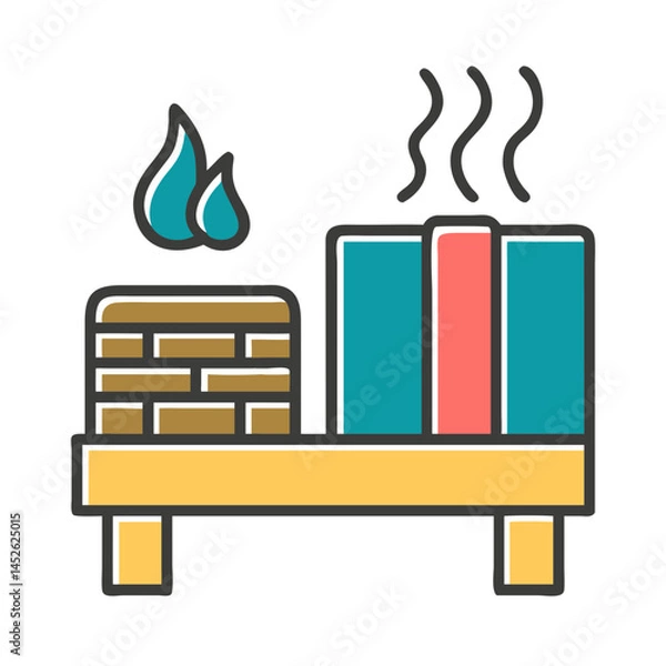 Fototapeta Sauna essentials with fire and steam on a wooden table  