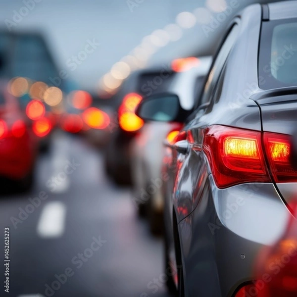Fototapeta Silver Car Tail Lights in Heavy Traffic Congestion on Highway at Dusk