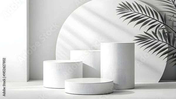 Obraz White product display podium in studio room with leaves, for display presentation