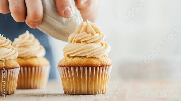Obraz A hands-on food preparation image featuring cupcake topping techniques, ideal for cooking content.