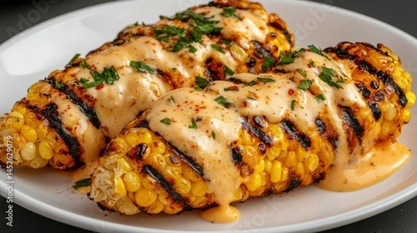 Fototapeta Two grilled corn on the cob with cream sauce and seasonings served on a white plate