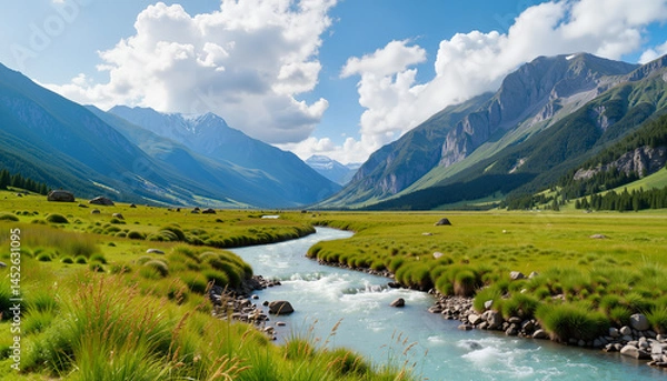 Fototapeta Serene mountain landscape with flowing river and lush greenery  