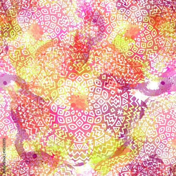 Fototapeta Seamless pattern with round ethnic shapes.Tribal background with watercolor effect. Textile print for bed linen, jacket, package design, fabric and fashion concepts