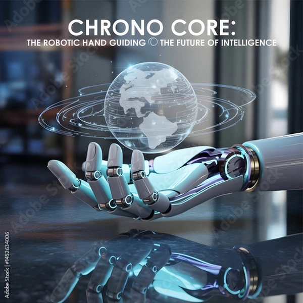 Fototapeta A photograph depicting a gleaming chrome robotic hand gently guiding a miniature holographic globe labeled "Chrono Core