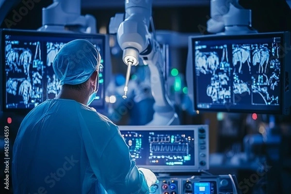 Fototapeta Robotic Surgical System Control Console: A surgeon operating a robotic surgical system with multiple robotic arms performing intricate procedures, emphasizing the precisi