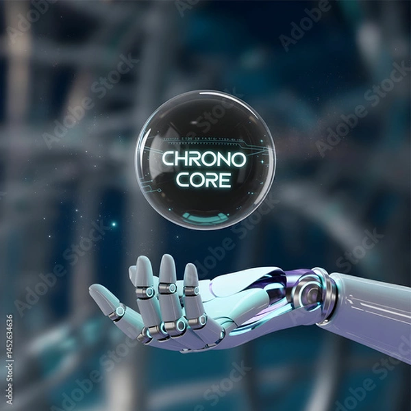 Fototapeta A photograph of a sleek, metallic robotic hand delicately hovering above a glowing orb labeled "Chrono Core