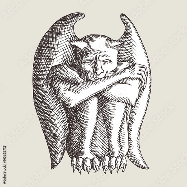 Obraz Sad gargoyle old print style sketch. Hand drawn with vintage coloring.
