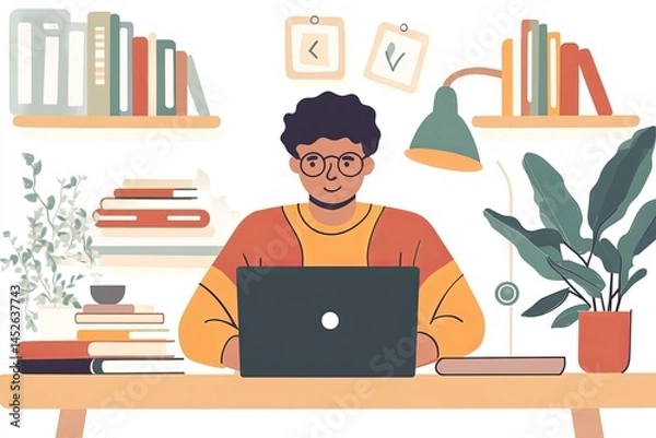 Fototapeta A mature student at home, taking online courses with a laptop, books, and a comfortable learning setup, symbolizing an educators ongoing pursuit of knowledge.