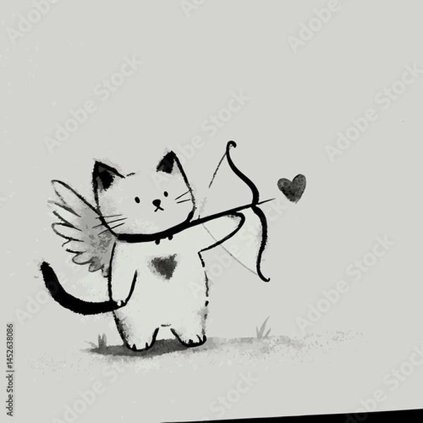 Fototapeta Cute cat with wings aiming a heart with a bow  