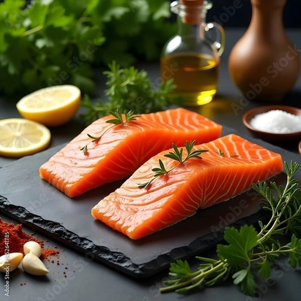 Obraz Salmon fillets are beautifully presented on a black stone surface, surrounded by fresh herbs, lemon slices, olive oil, and assorted spices, showcasing a colorful and appetizing setup for cooking.