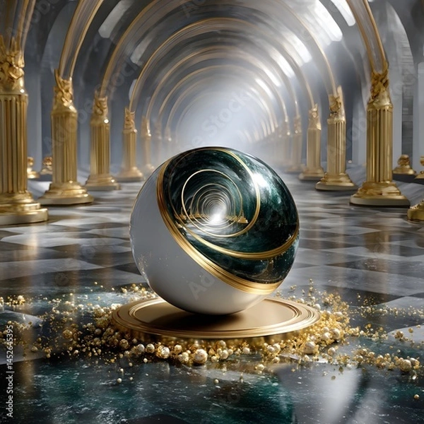 Obraz Elegant Sphere on Reflective Surface in Luminous Grand Hall with Classic Columns and Gold Accents