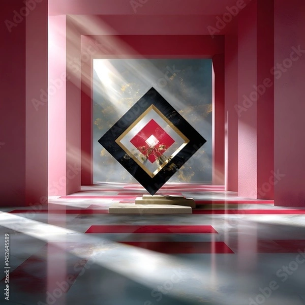 Obraz Abstract geometric design with diamond shapes and vibrant red walls in modern interior space