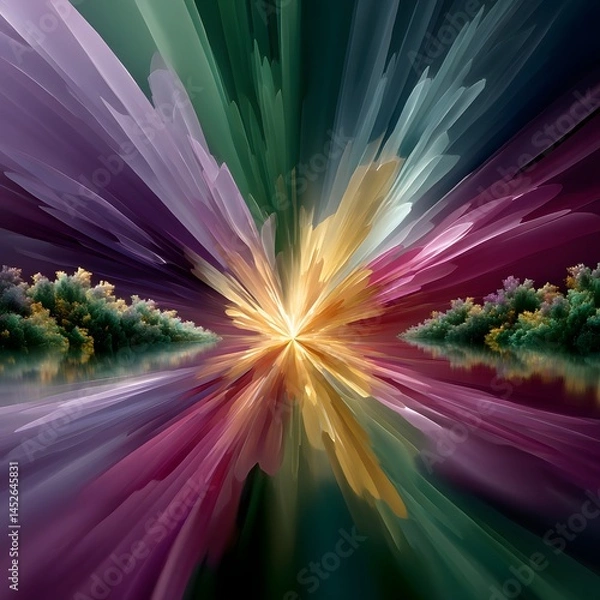 Obraz Abstract colorful landscape with layered textures and a radiant central glow, depicting nature's beauty