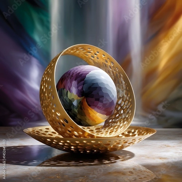Obraz Modern Artistic Composition Featuring Colorful Sphere and Decorative Golden Rings on Abstract Background