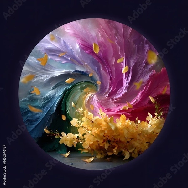 Obraz Colorful Swirl of Paint with Vibrant Yellow Flowers and Artistic Abstract Background Design Elements