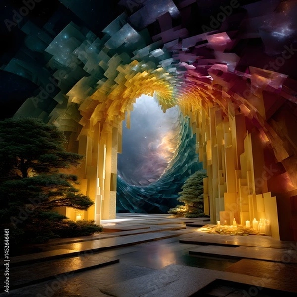 Obraz Vibrant Abstract Portal Artwork with Geometric Shapes and Calming Natural Elements in a Dreamy Landscape