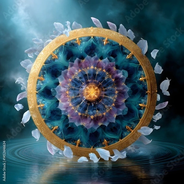 Obraz Vibrant Mandala Design with Golden Accents and Ethereal Elements in a Dreamlike Setting