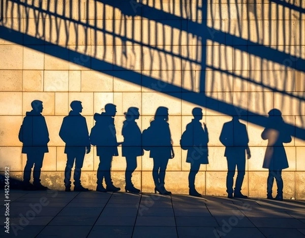Fototapeta Shadows of people waiting in line cast on a wall, creating a striking silhouette.  The interplay of light and shadow evokes a sense of mystery and anticipation.