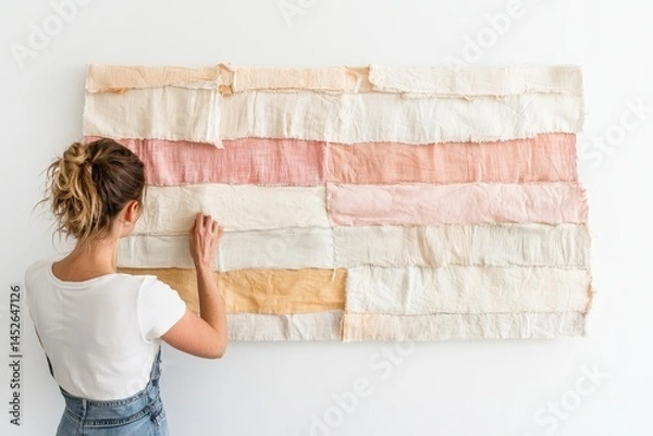 Obraz A person interacting with a textured wall art piece made of layered materials.
