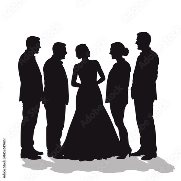 Obraz Bride with guests, black silhouettes, wedding event, copy space