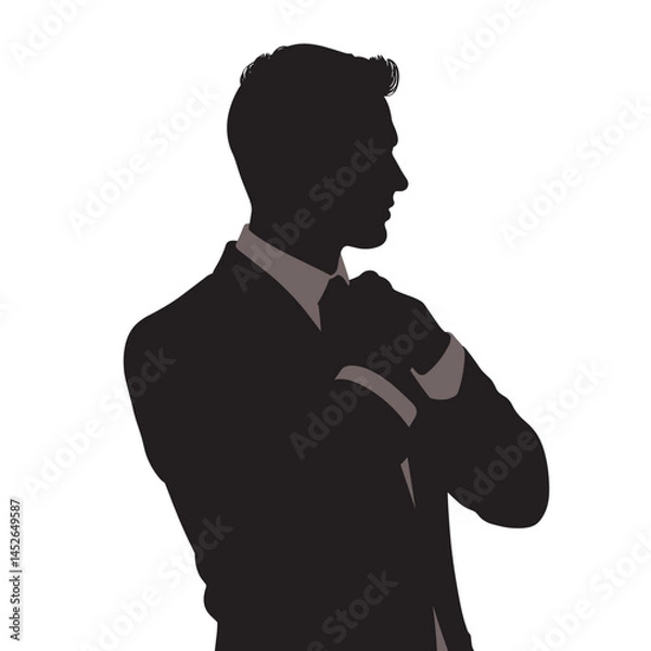 Obraz Man adjusting tie, silhouette profile, dark tones, for business presentations